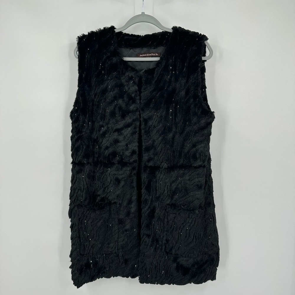 Womens Holiday Glam Faux Fur Sequin Vest Size L Textured Evening Elegant Black